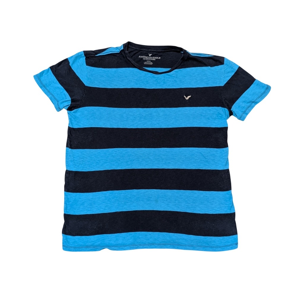 American Eagle T-Shirt Mens M Blue Striped Crew Neck Short Sleeve Slub Tee Logo